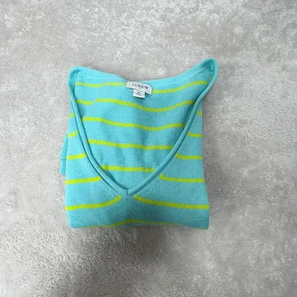 J.Crew Linen Blend Striped Sweater Top Sz M Green Yellow V-Neck Short Sleeve - Picture 9 of 9